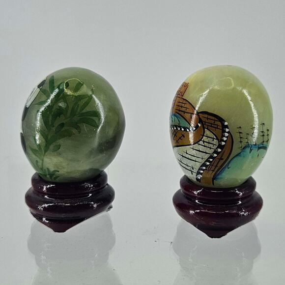 2 Hand Painted Miniature Green Jade Eggs Wooden Stands Panda Great Wall of China - Picture 4 of 5